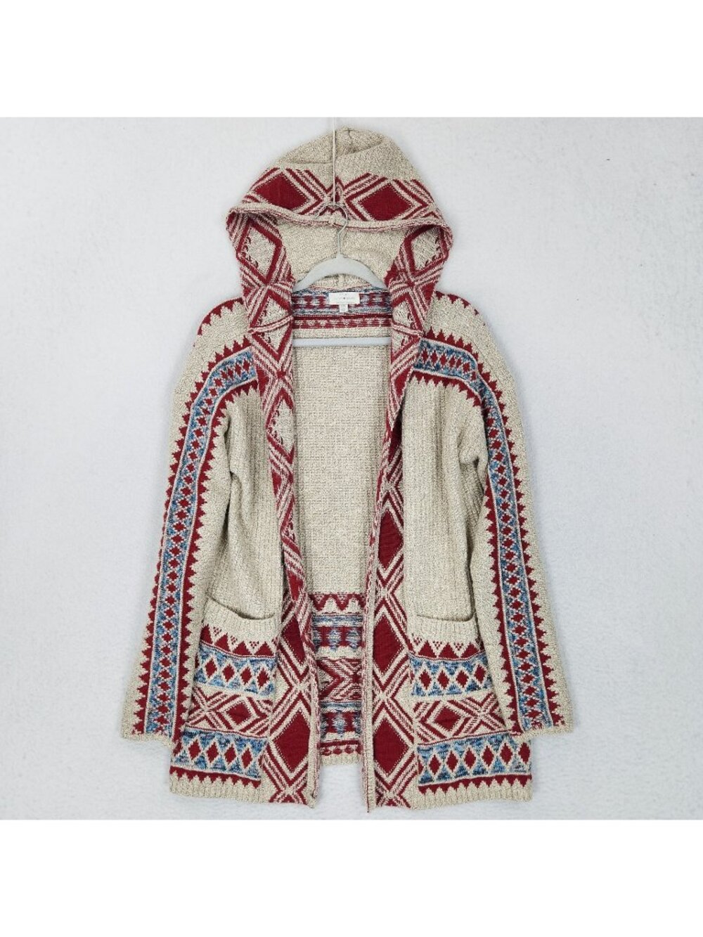 Lucky Brand Sweater Womens Medium Cream Hooded Aztec Open Front Knit Cardigan